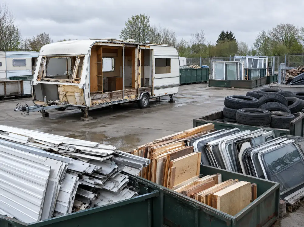 Ophugningsplads hvor materialer fra campingvogne er sorteret i containere